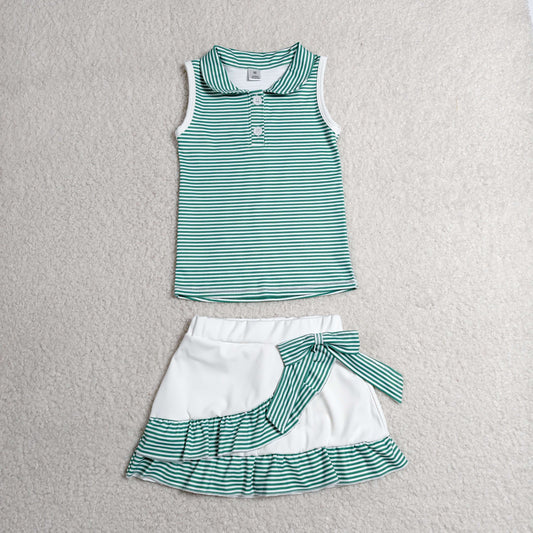 Baby Girls Kids Green Stripes Buttons Shirt Ruffle Skirt Shorts Yoga Active Set Clothes