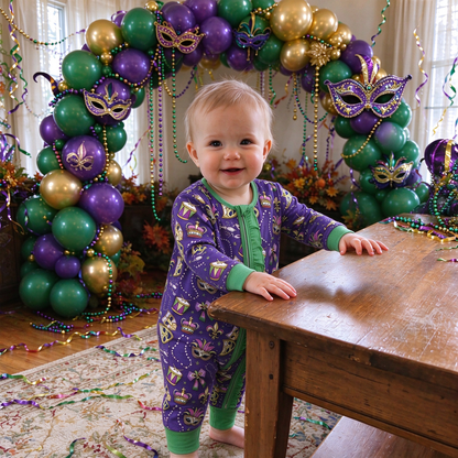 Baby Girls Kids Masks Bows Mardi Gras Zipper Footie Sleeper Romper Clothes