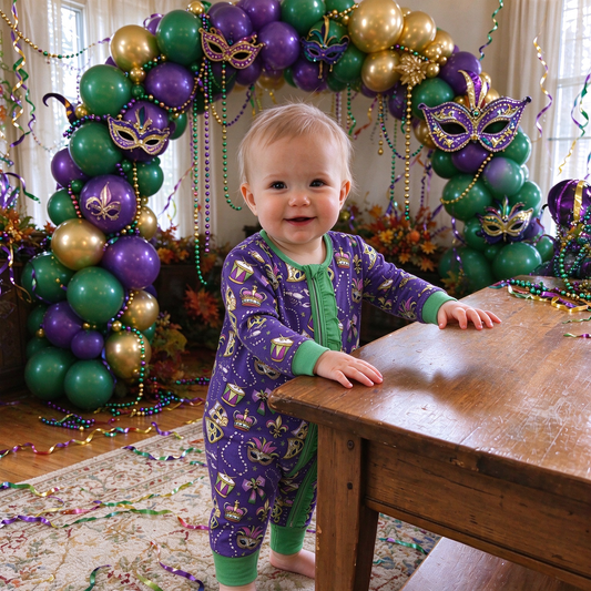 Baby Girls Kids Masks Bows Mardi Gras Zipper Footie Sleeper Romper Clothes