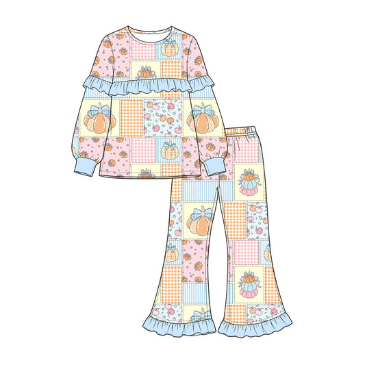 Moq 5 Preorder Baby Girls Kids Pumpkins Bows Plaid Tops Ruffle Pants Set Fall Clothes
