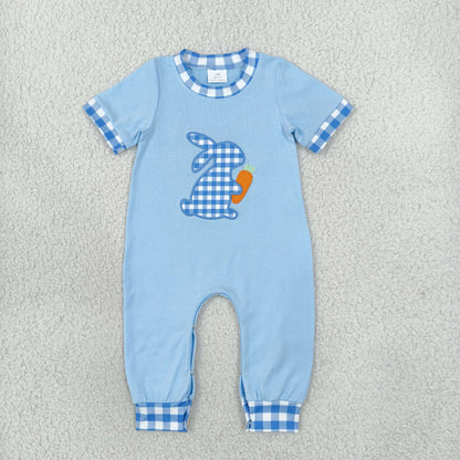 Sibling Baby Boys Kids Short Sleeves Embroidery Rabbits Carrots Romper Set Blue Clothes
