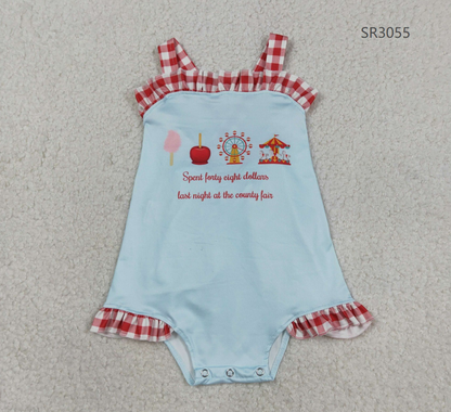 Baby Girl Infant Straps Red Plaid Bow Bubble Summer Romper RTS