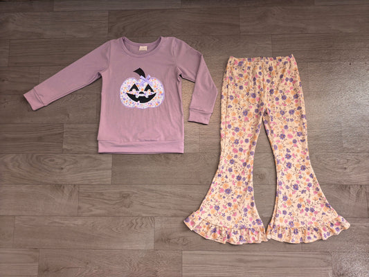 No moq Preorder Baby Girls Kids Embroidery Pumpkin Bow Purple Shirt Flower Pants Set Halloween Clothes