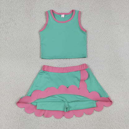 Baby Girls Kids Green Tops Scallop Skirt Shorts Yoga Active Set Summer Clothes