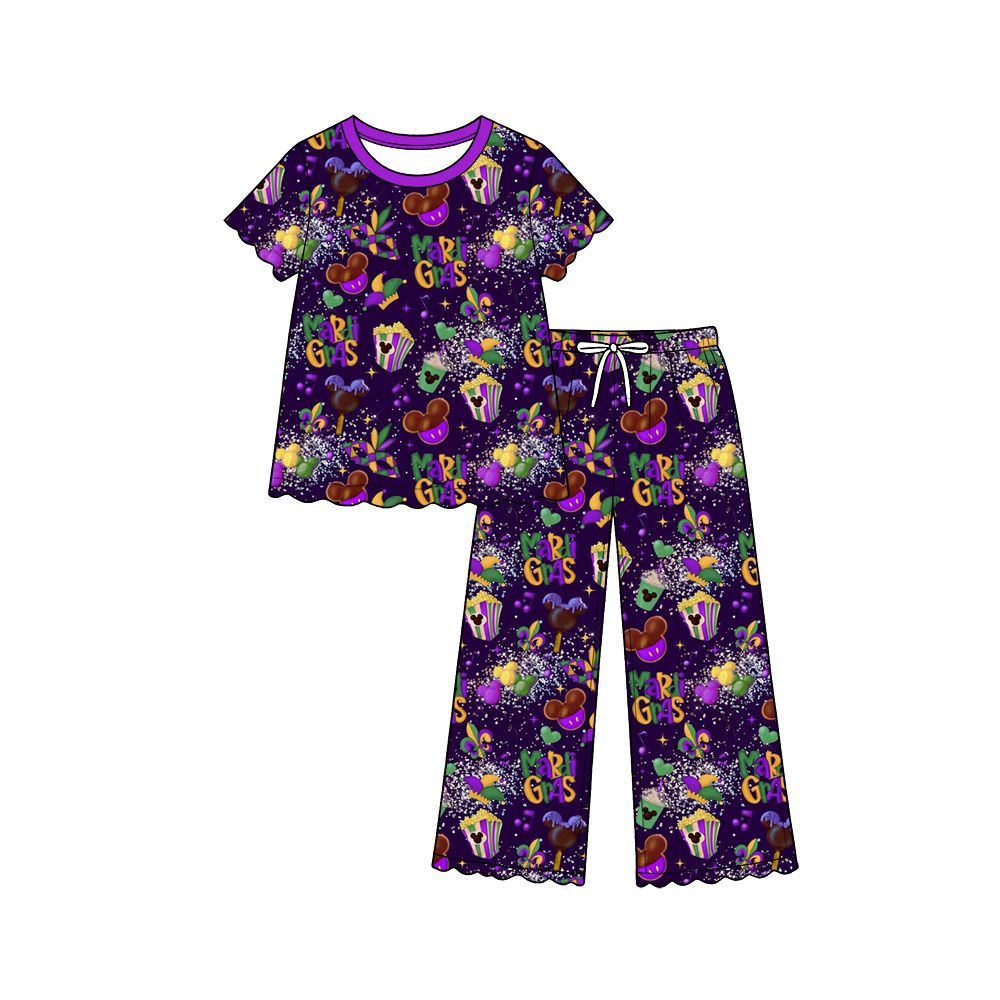 Moq 5 Preorder Baby Girls Kids Short Sleeves Cartoon Shirt Scallop Pants Mardi Gras Set Clothes