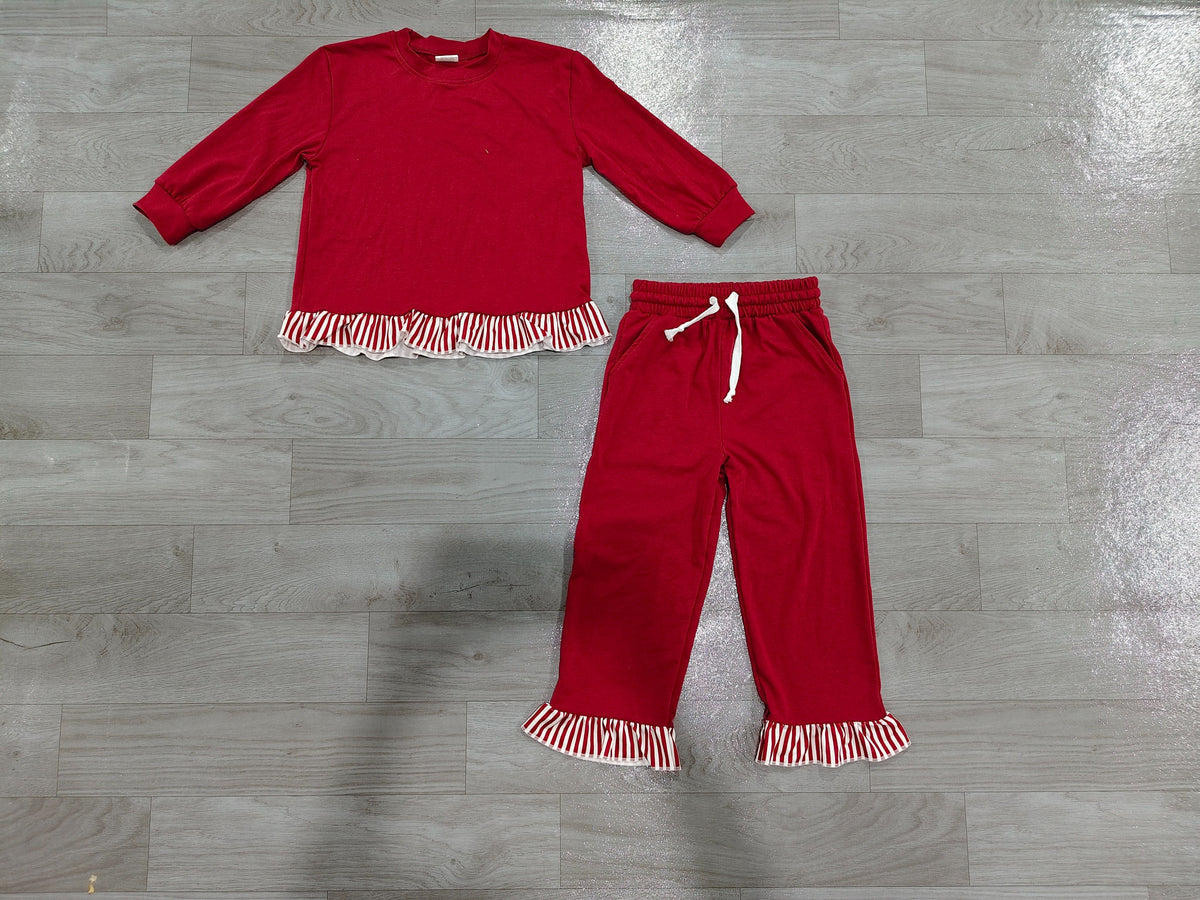 No moq Preorder Baby Girls Kids Long Sleeves Stripes Ruffle Shirt Pants Set Cotton Clothes