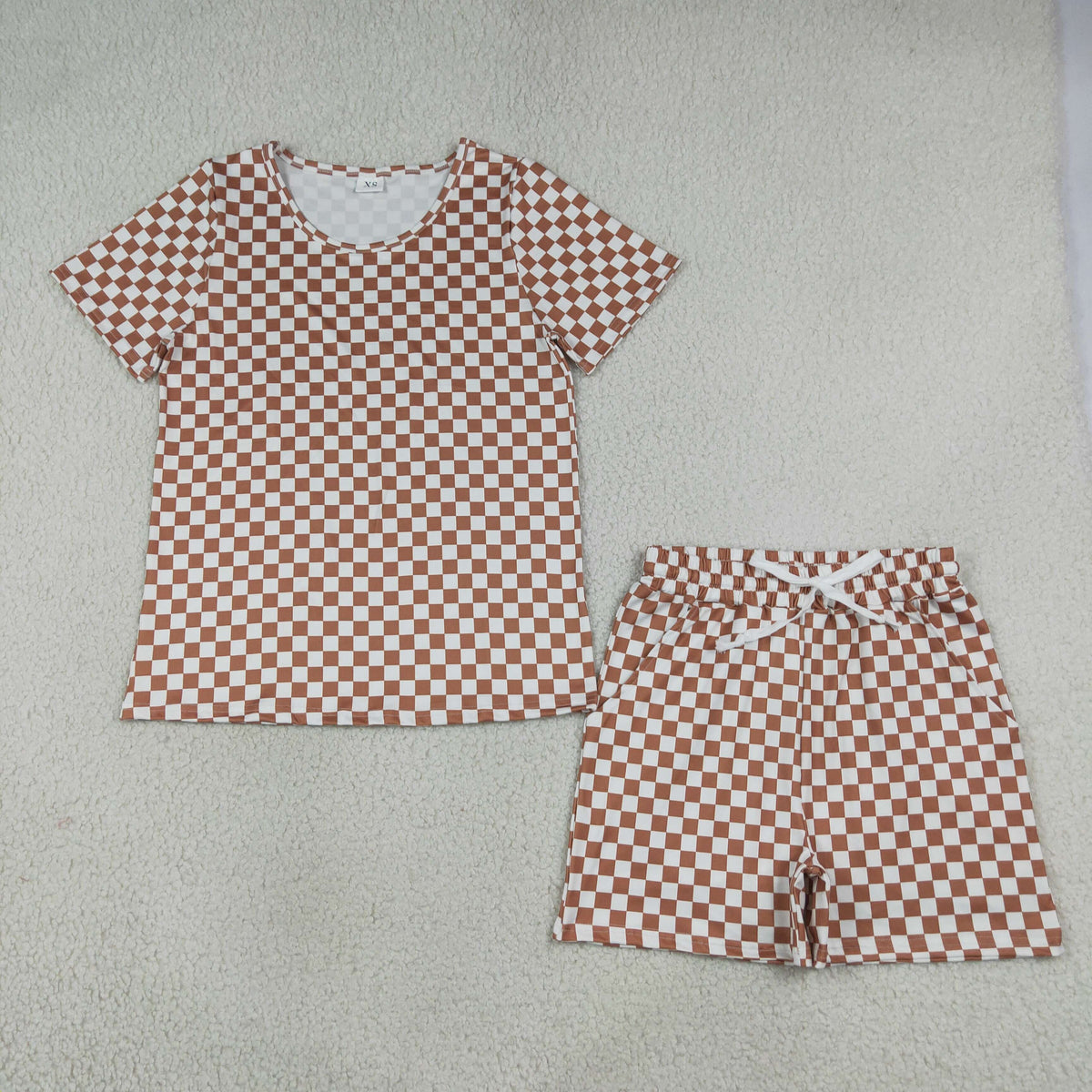 Adult Women Short Sleeves Brown Checked Shirt Shorts Pajamas Clothes Set
