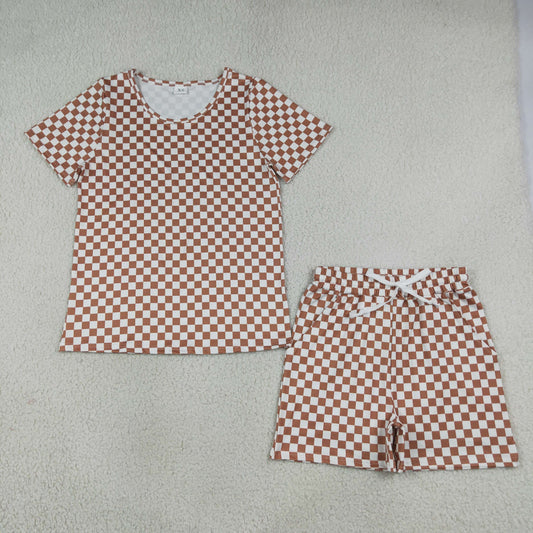Adult Women Short Sleeves Brown Checked Shirt Shorts Pajamas Clothes Set