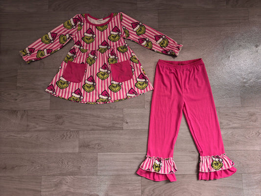 No moq Preorder Baby Girl Kids Christmas Green Face Stripes Pockets Tunic Pink Pants Set Clothes