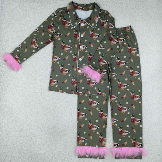 Sibling Baby Girls Adult Women Ducks Flower Buttons Shirts Pants Fur Pajamas Hunting Sets