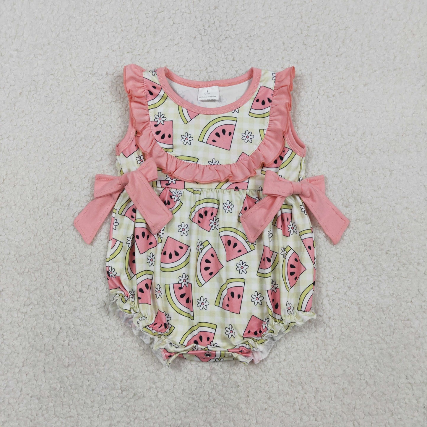 RTS Baby Girls Sleeveless Watermelon Flower Bows Bubble Romper