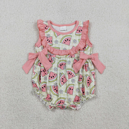 RTS Baby Girls Sleeveless Watermelon Flower Bows Bubble Romper
