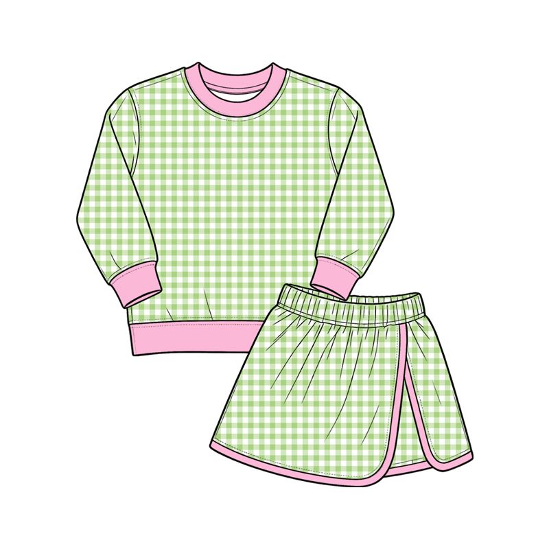 Moq 5 Preorder Baby Girls Kids Long Sleeves Green Plaid Shirt Skirt Shorts Set Yoga Active Clothes
