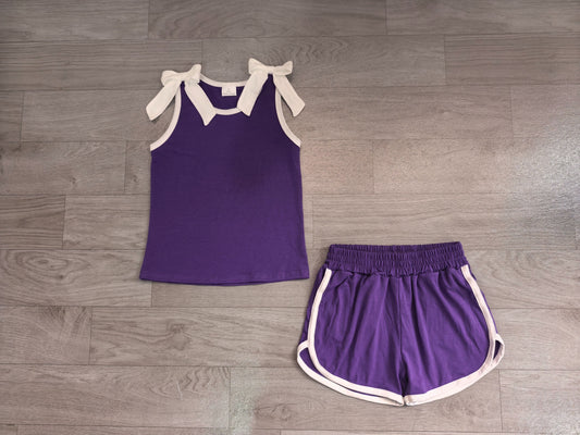 No moq Preorder Baby Girls Kids White Trim Sleeveless Bows Shirt Shorts Purple Set Summer Clothes
