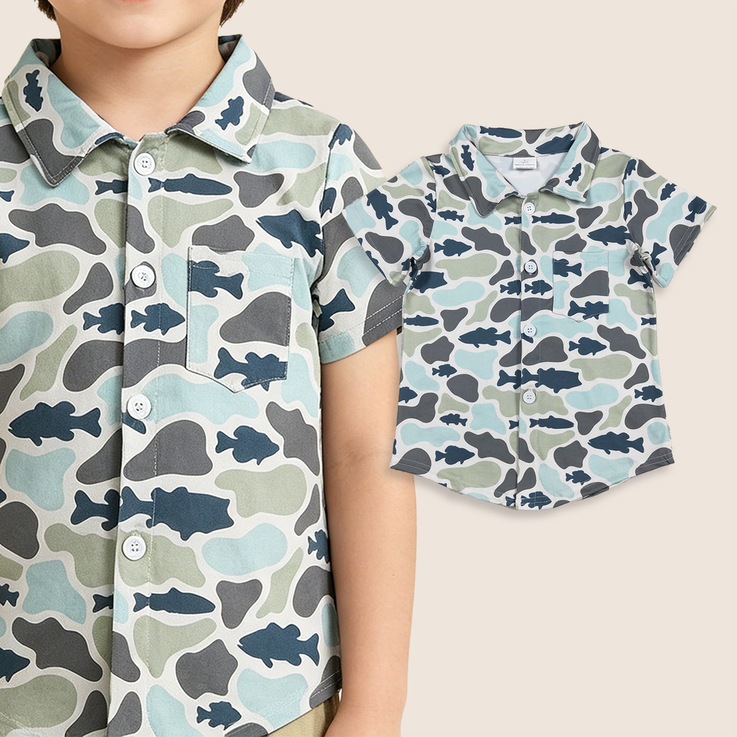 Baby Boys Kids Short Sleeves Buttons Pocket Shirt Tops Fish Camo Clothes