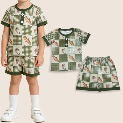 Baby Boys Kids Short Sleeves Fish Plaid Buttons Shirt Shorts Pajamas Set
