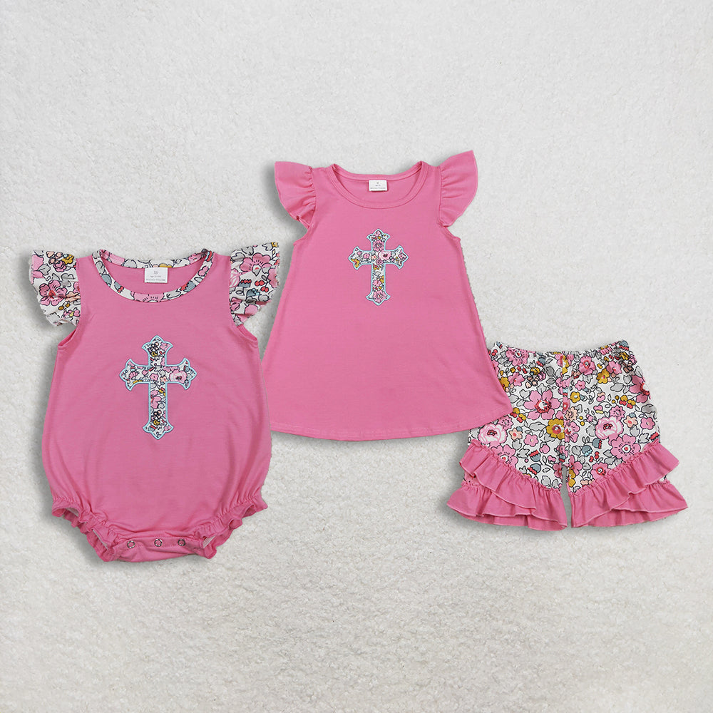 RTS Sibling Baby Girls Kids Short Sleeves Embroidery Cross Flower Shorts Easter Set Romper