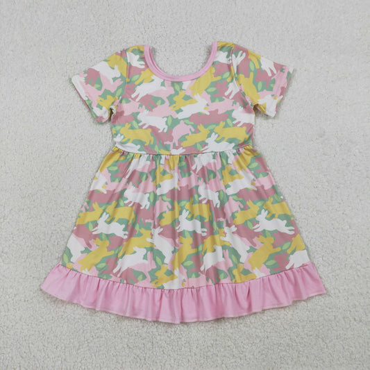 RTS Baby Girls Short Sleeves Rabbits Camo Easter Knee Length Dress