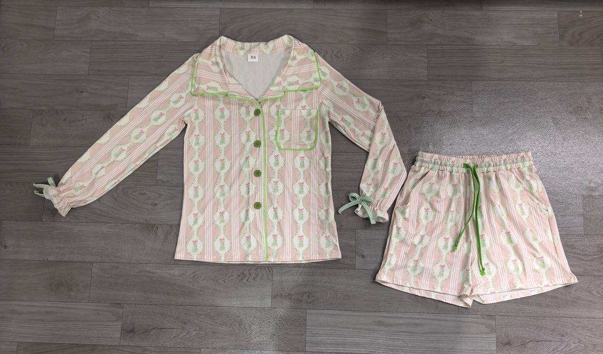 No moq Preorder Adult Women Long Sleeves Christmas Tree Bows Buttons Tops Shorts Pajamas Pink Set
