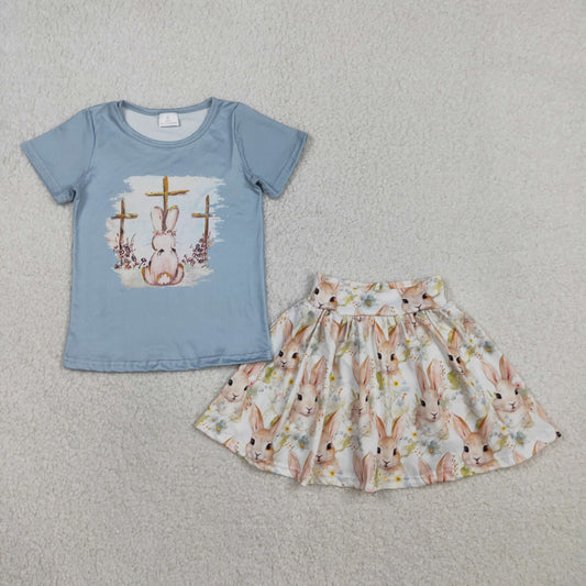 RTS Baby Girls Short Sleeves Cross Short Rabbits Flowers Skirt Shorts Easter Set