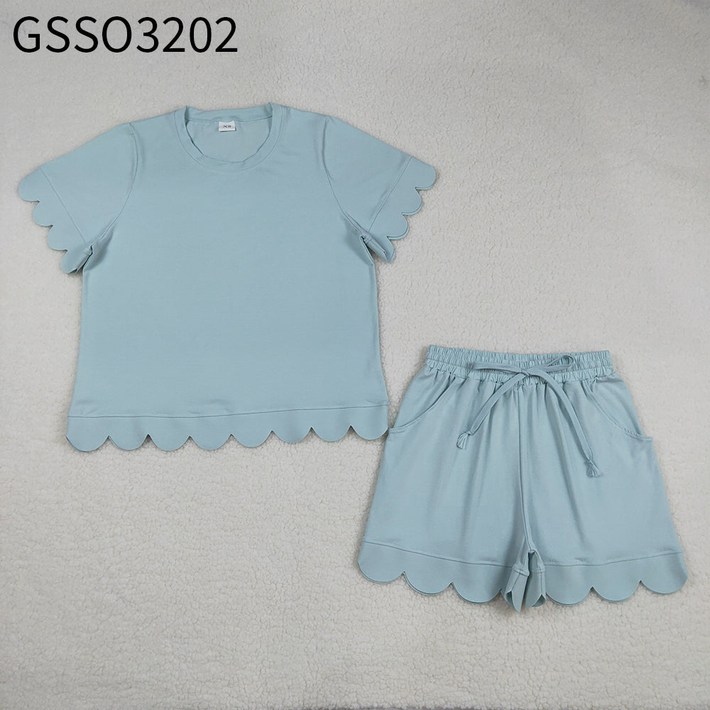 Adult Women Blue Short Sleeves Shirt Scallop Shorts Pajamas Clothes Cotton Set RTS