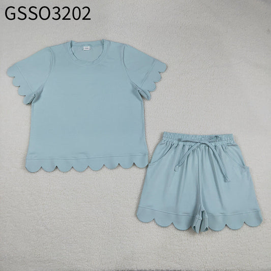 Adult Women Blue Short Sleeves Shirt Scallop Shorts Pajamas Clothes Cotton Set RTS