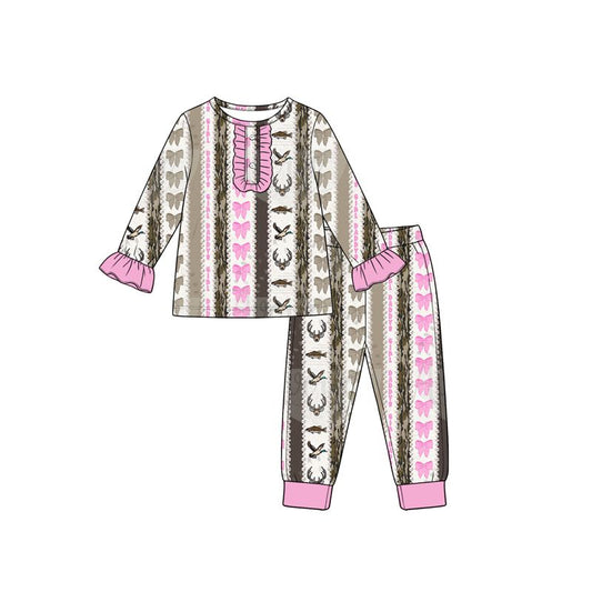 Moq 5 Preorder Baby Girls Kids Bows Shirt Pants Hunting Set Pajamas Clothes