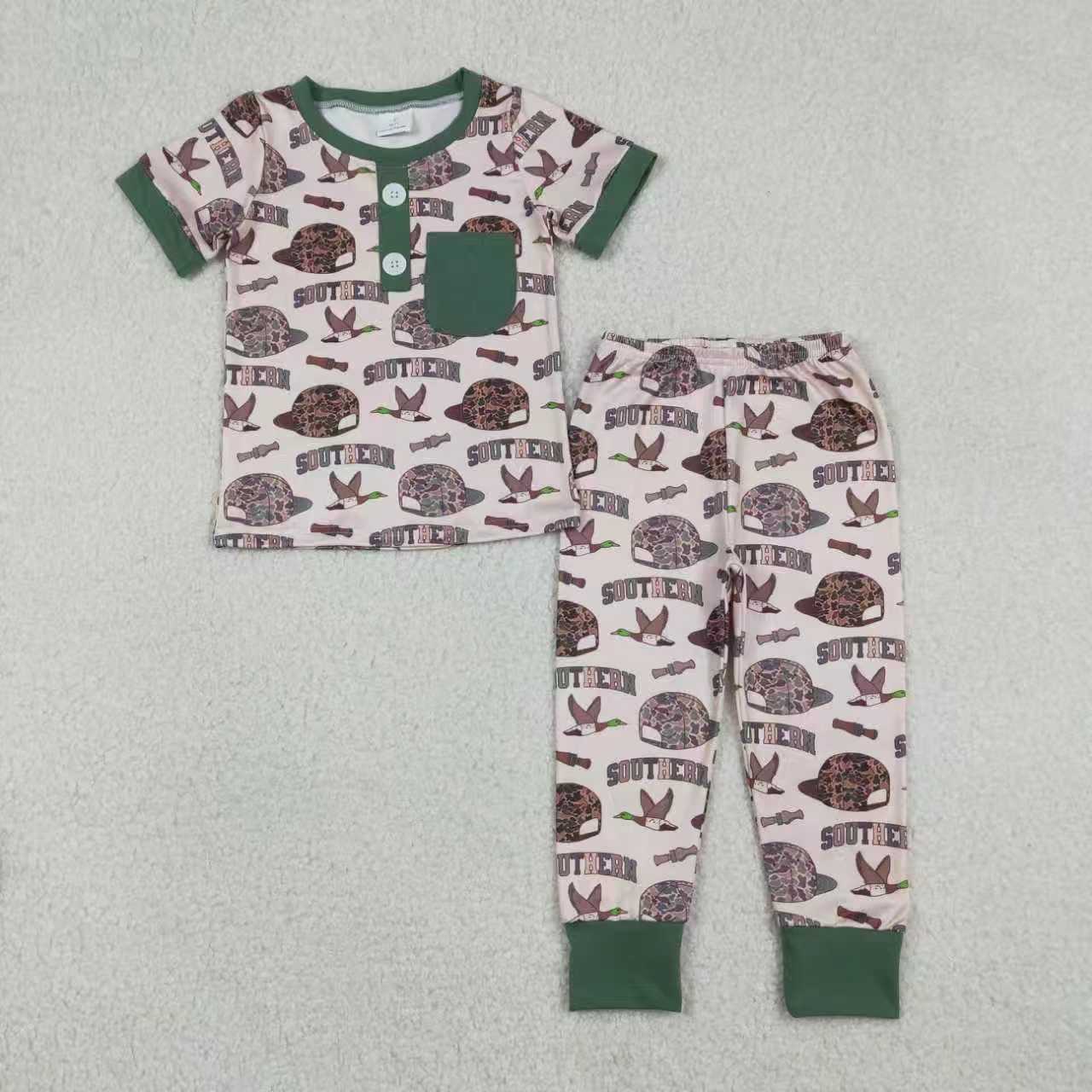 Sibling Baby Boys Short Sleeves Camo Hats Ducks Hunting Southern Buttons Romper Outfit