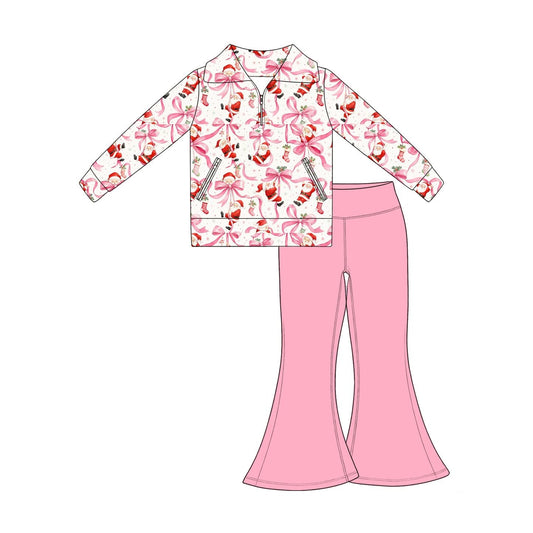 Moq 5 Preorder Baby Girls Kids Christmas Santa Bows Zipper Pockets Tops Pink Pants Set Clothes