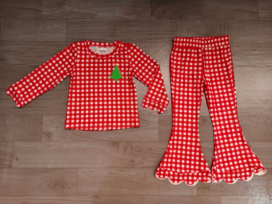 No moq Preorder Baby Girls Kids Embroidery Christmas Tree Scallop Tops Red Plaid Pants Set