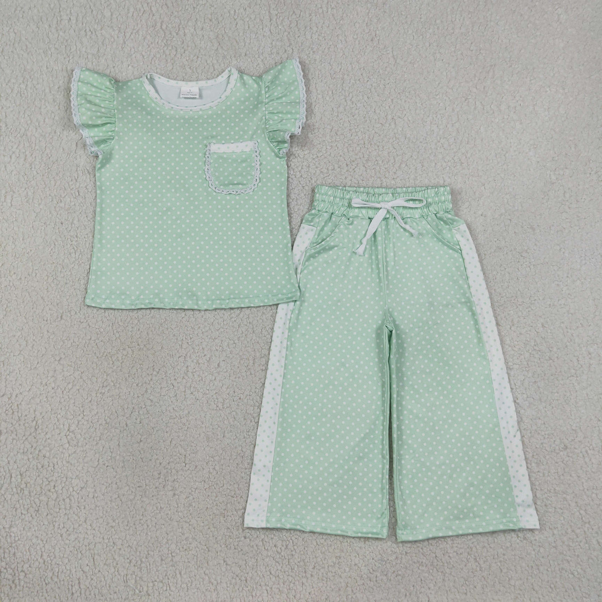 Baby Girl Kids Short Sleeves Pocket Shirt Dots Pants Green Set Clothes