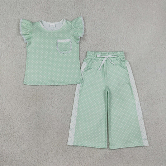 Baby Girl Kids Short Sleeves Pocket Shirt Dots Pants Green Set Clothes