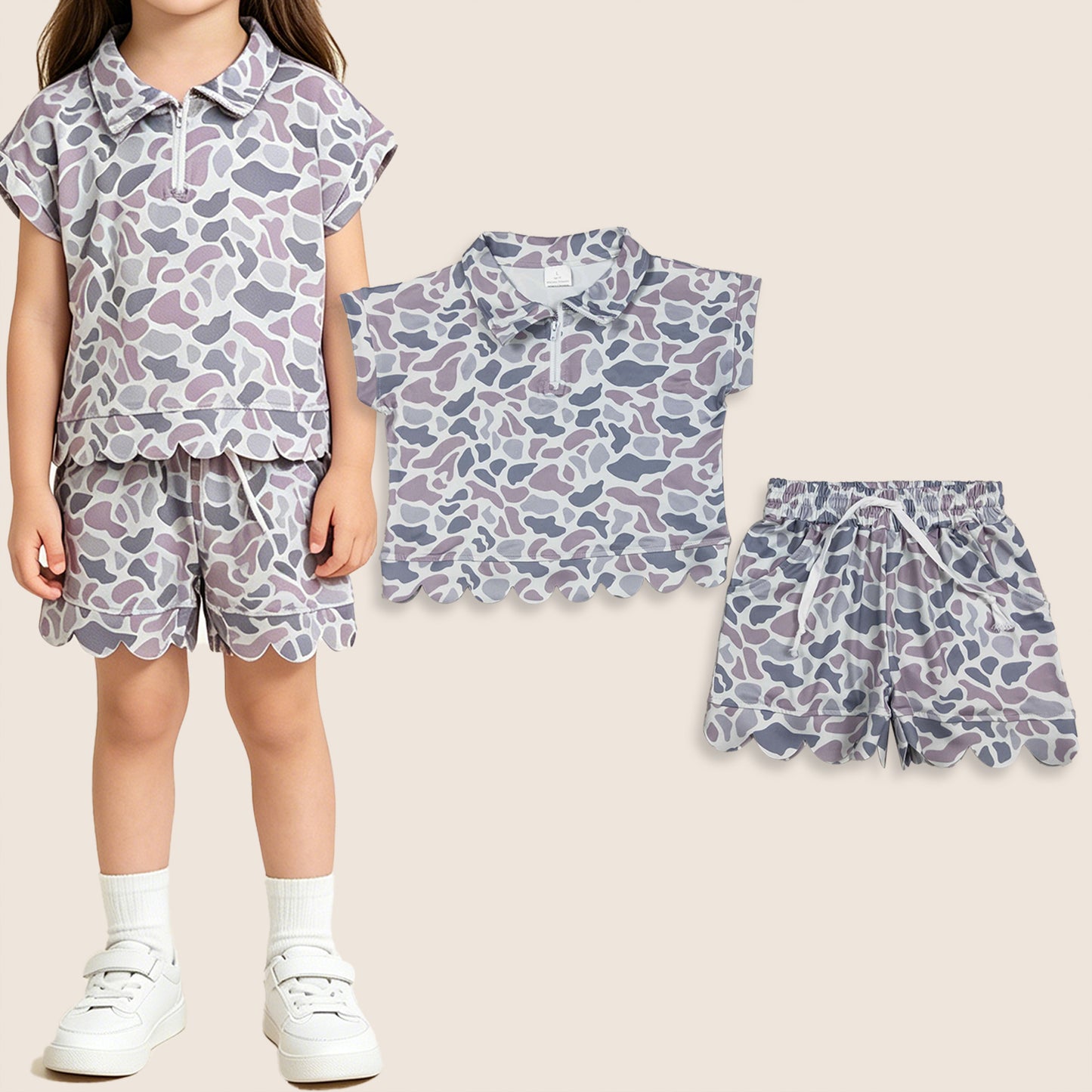 Baby Girls Kids Short Sleeves Grey Camo Zipper Shirt Scallop Shorts Set Clothes