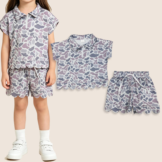 Baby Girls Kids Short Sleeves Grey Camo Zipper Shirt Scallop Shorts Set Clothes