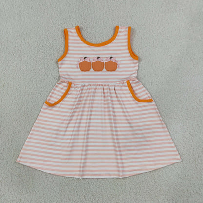 Baby Girls Kids Embroidery Pumpkins Bows Stripes Pockets Dress Fall Clothe