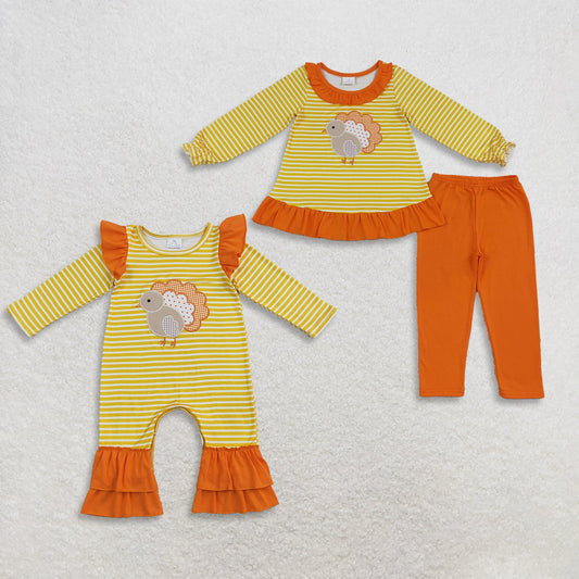 Sibling Baby Girls Kids Long Sleeves Embroidery turkey Stripes Fall Romper Set Thanksgiving Clothes