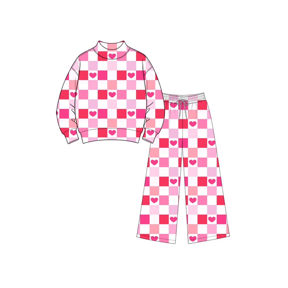 Moq 5 Preorder Baby Girls Kids Long Sleeves Hearts Checked Shirt Pants Set Valentine Clothes