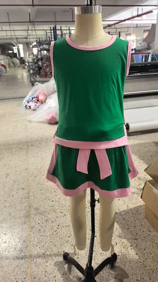 Preorder Baby Girls Kids Sleeveless Green Tops Pockets Skirt Shorts Cotton Set