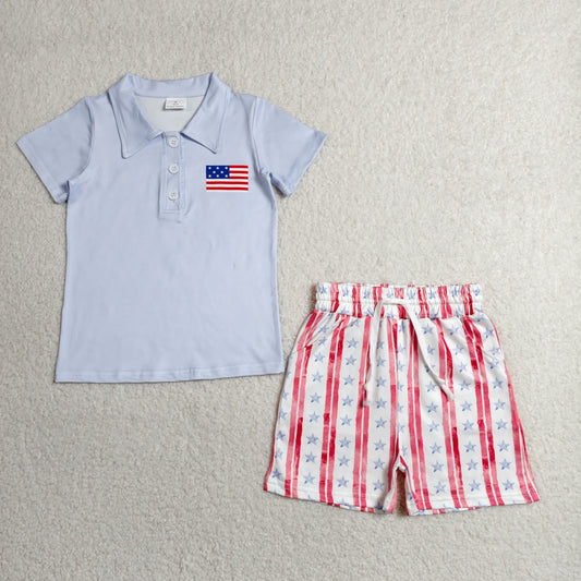 Baby Boy Blue Button Flag Shirt Pockets Stars Shorts 4th Of July Set