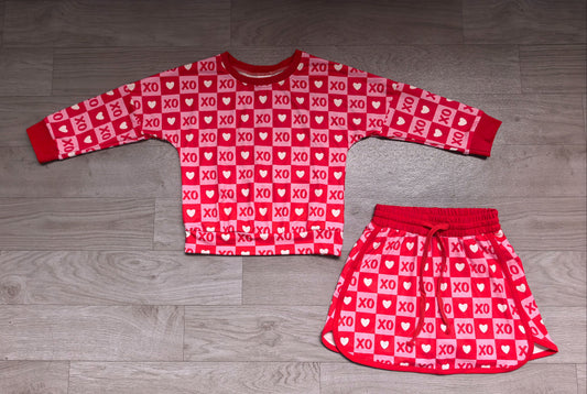 No moq Preorder Baby Girls Kids Long Sleeves Hearts Checked Shirt Skirt Shorts Valentine Set