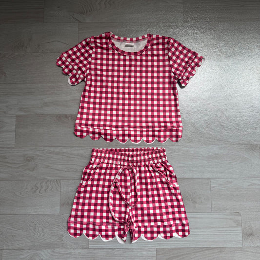 No moq Preorder Baby Girls Kids Short Sleeves Red Plaid Shirt Scallop Shorts Set Clothes