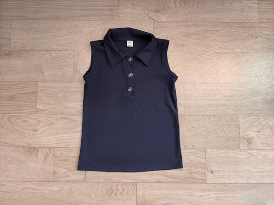 No moq Preorder Baby Girl Toddler Sleeveless Yoga Active Navy Blue Buttons Shirt