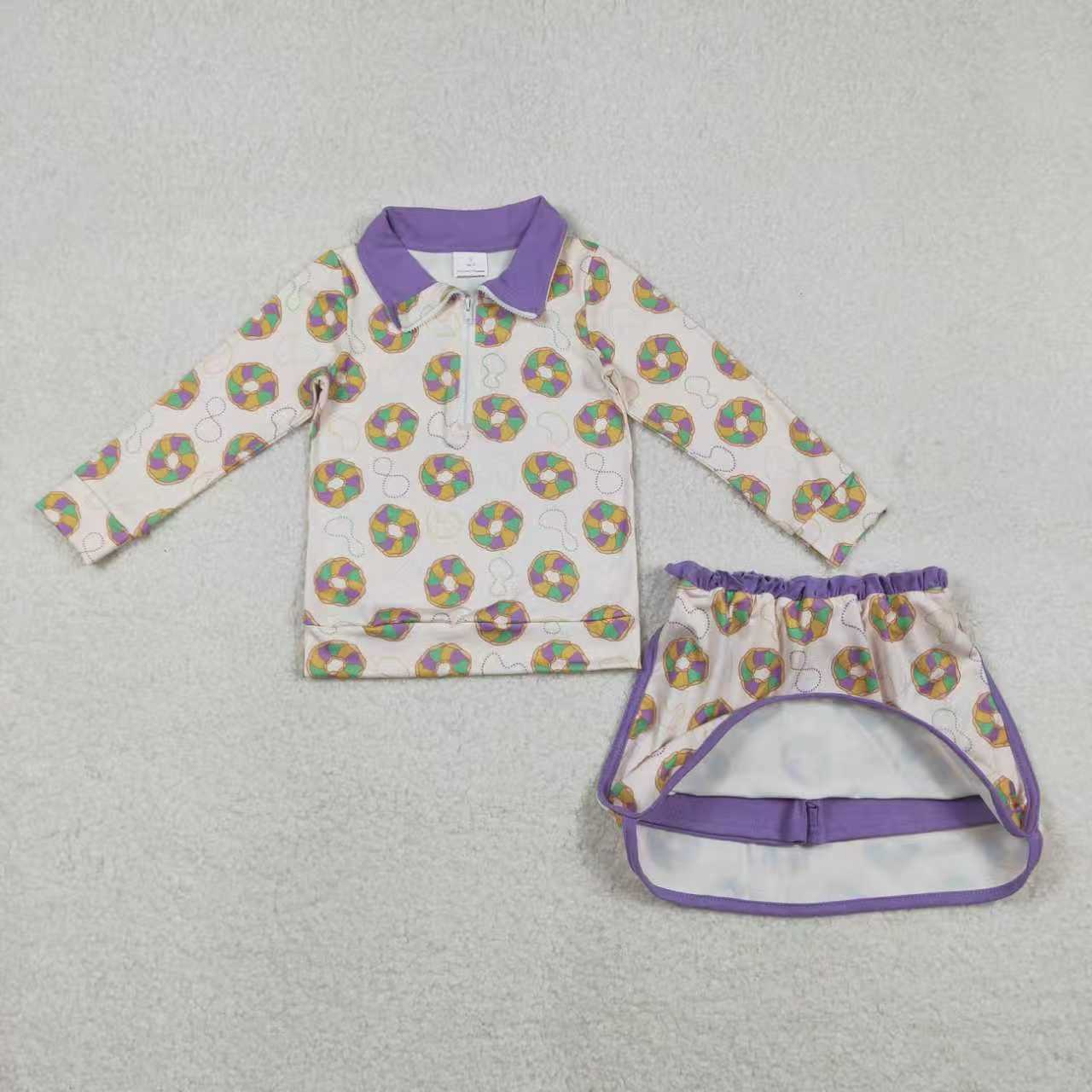 Sibling Baby Girls Kids Bows Donuts Masks Zipper Tops Shorts Skirt Skort Mardi Gras Set