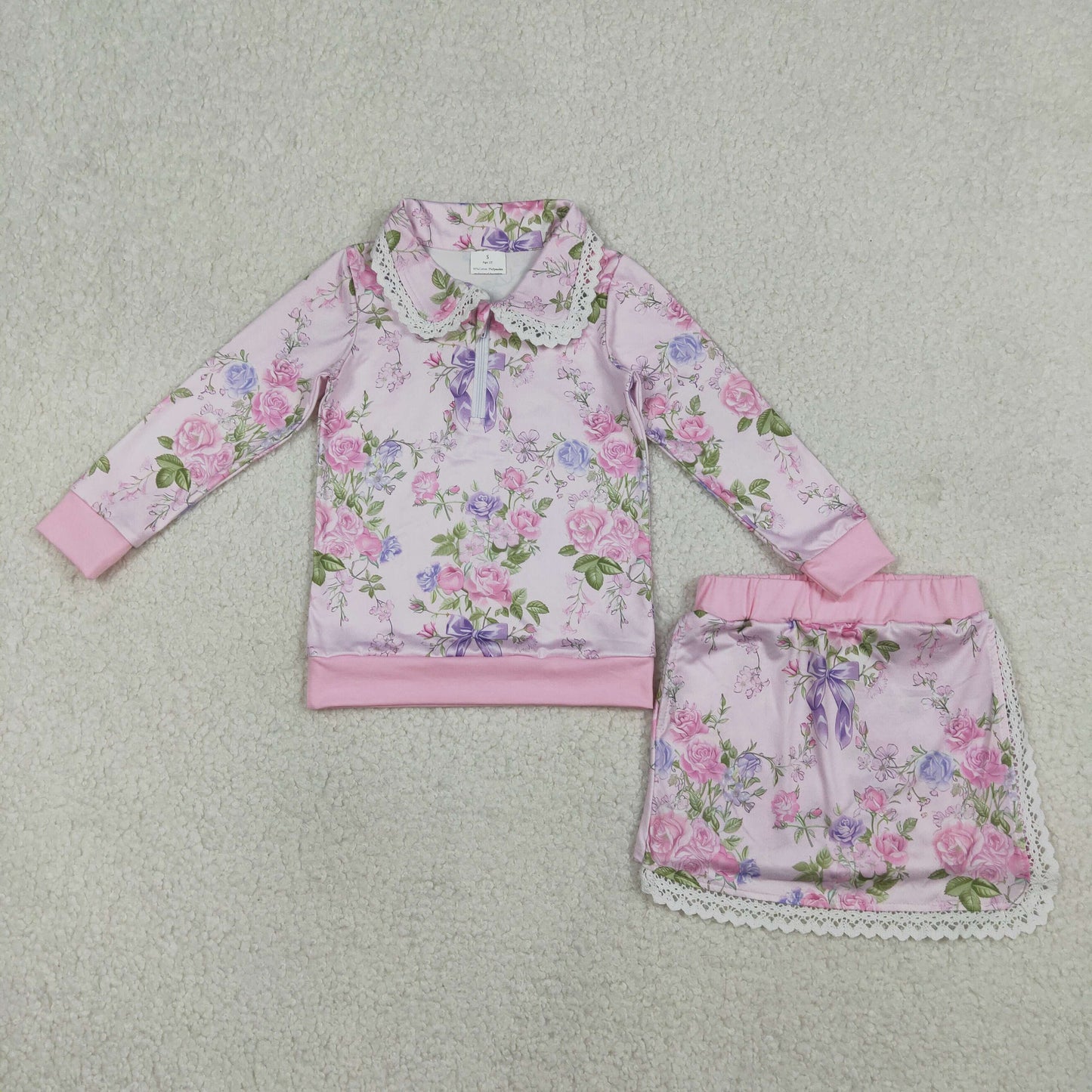 RTS Baby Girls Kids Long Sleeves Flower Zipper Tops Shorts Skirt Pink Clothes Set
