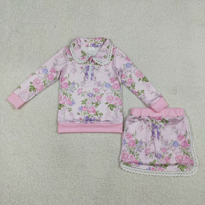 RTS Baby Girls Kids Long Sleeves Flower Zipper Tops Shorts Skirt Pink Clothes Set
