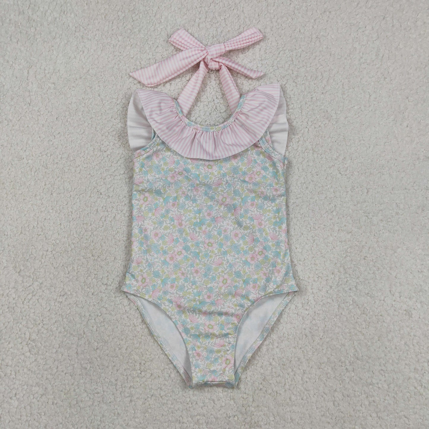 Baby Girls Kids Stripes Bows Floral Summer One-piece Swimsuit