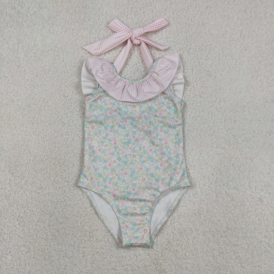 Baby Girls Kids Stripes Bows Floral Summer One-piece Swimsuit