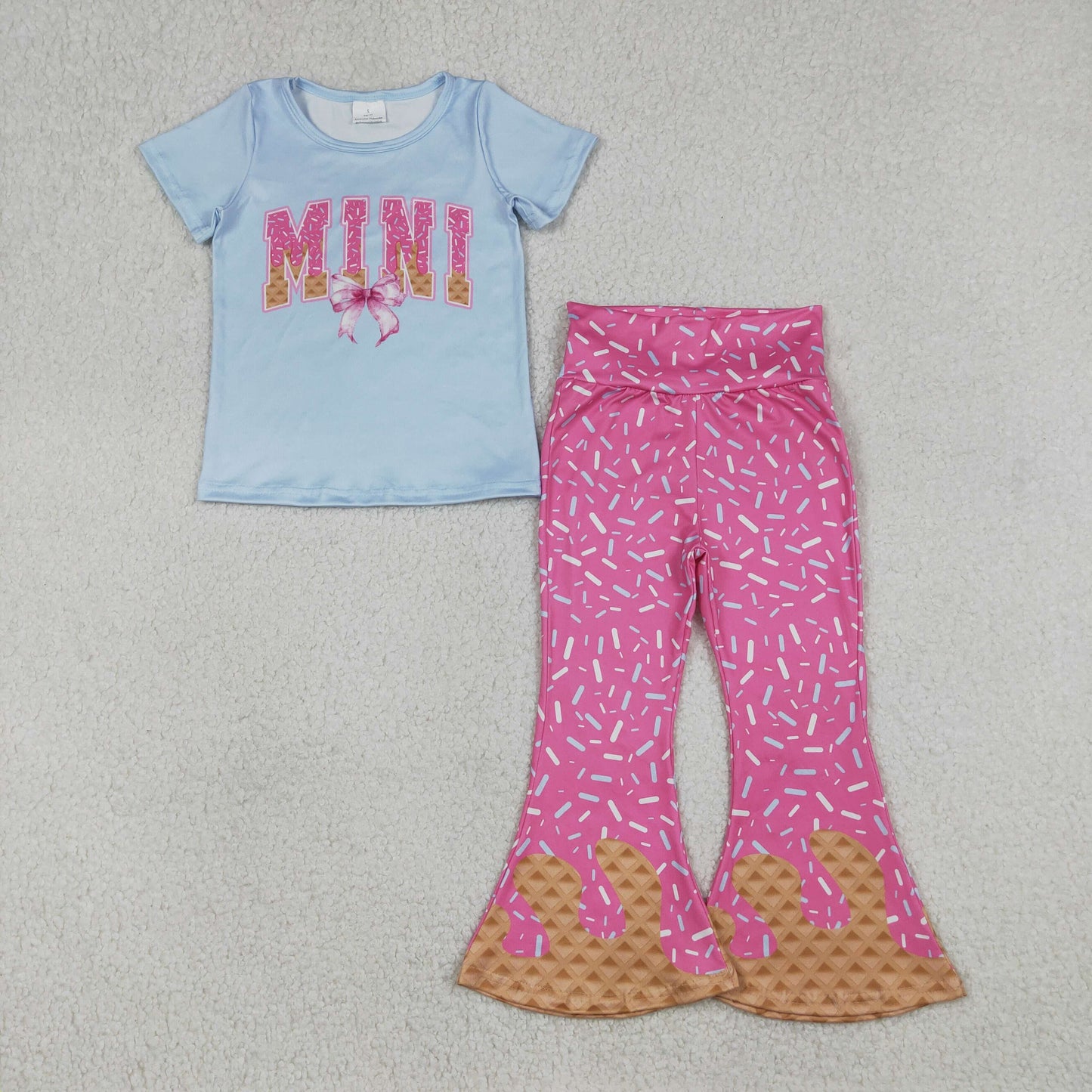 Baby Girls Kids Short Sleeves Mini Bow Blue Shirt Sprinkles Bell Pants Clothes Set