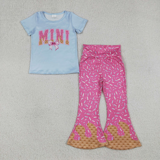 Baby Girls Kids Short Sleeves Mini Bow Blue Shirt Sprinkles Bell Pants Clothes Set