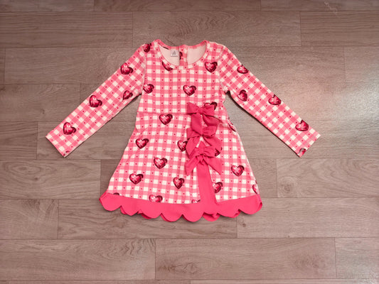 No moq Preorder Baby Girls Kids Hearts Plaid Bows Valentine Scallop Dress Yoga Active Clothes